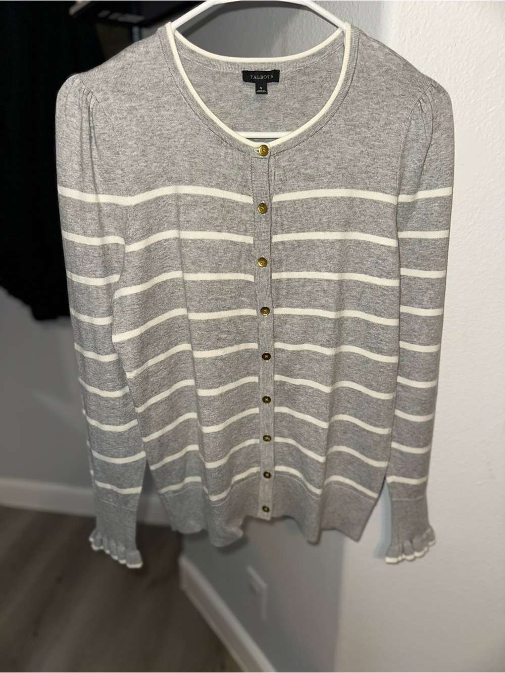 Talbots Gray and Cream Striped Button-Front Cardigan